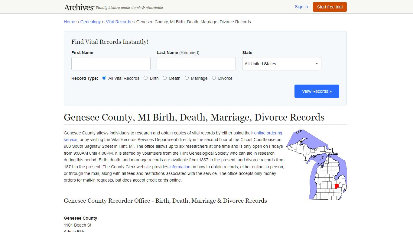 Genesee County, MI Birth, Death, Marriage, Divorce Records - Archives.com
